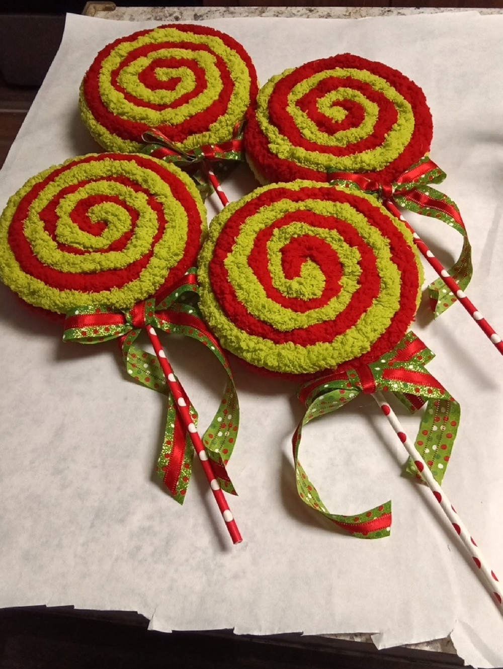 Hand Crafted Grinch Style 6" Disk Red and Lime Green Spiral Lollipop Decorations